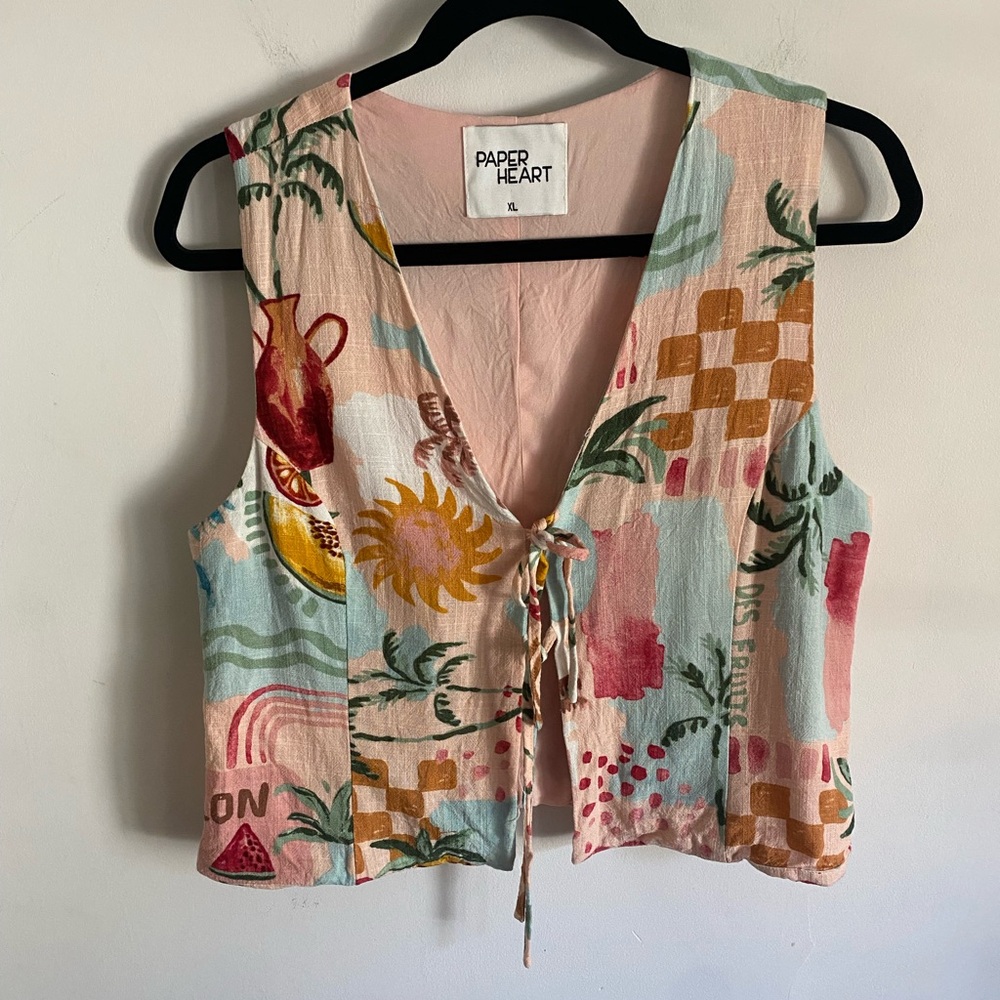 Paper Heart Pink Multi Print Tie-Front Crop Vest
